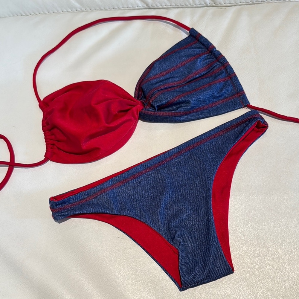 Women small Red and Blue Jean Denim feeling Bikini Set strapless or halter